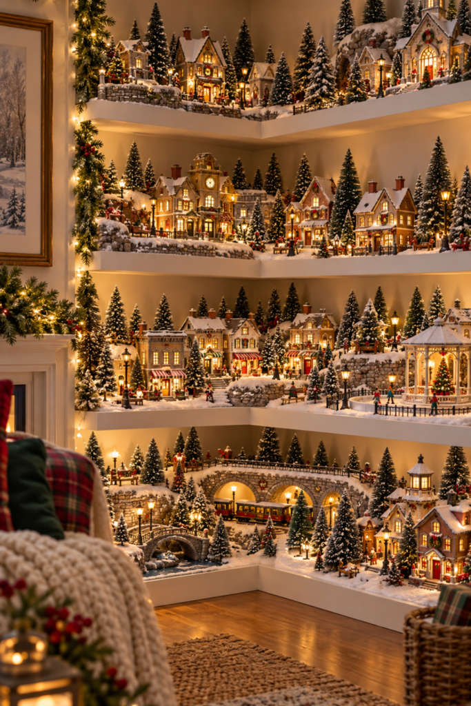 Christmas village filling a corner shelving unit with glowing miniature houses, snowy trees, a church, bridges, and holiday decorations.