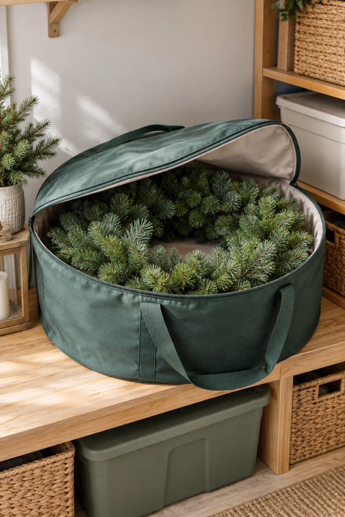 A Christmas wreath sits inside a roomy fabric storage bag.
