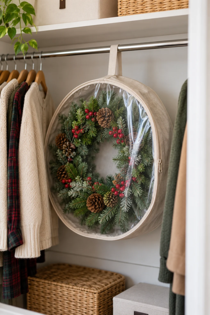 A Christmas wreath stored in a clear hanging bag inside a closet.