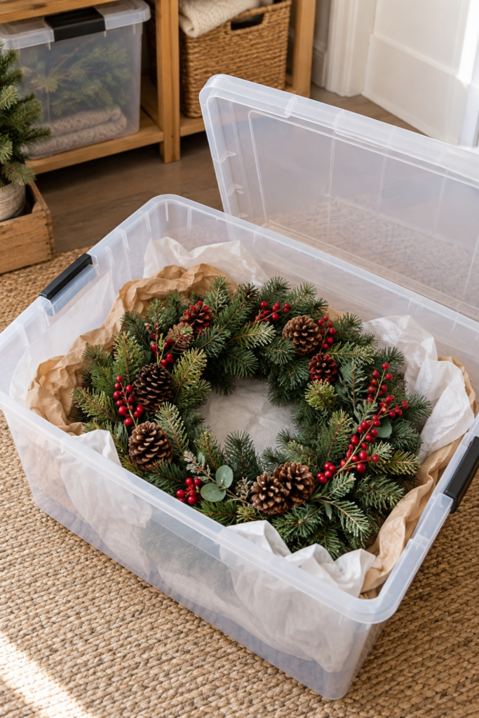 A Christmas wreath stored in a clear hanging bag inside a closet.