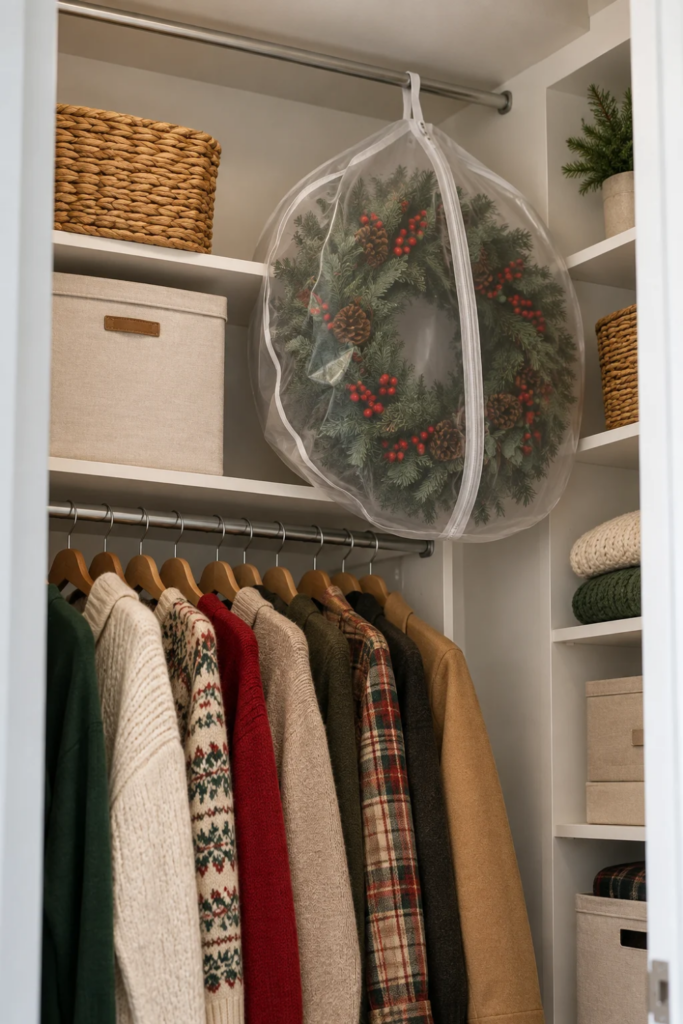 A covered Christmas wreath hangs high inside an organized closet.