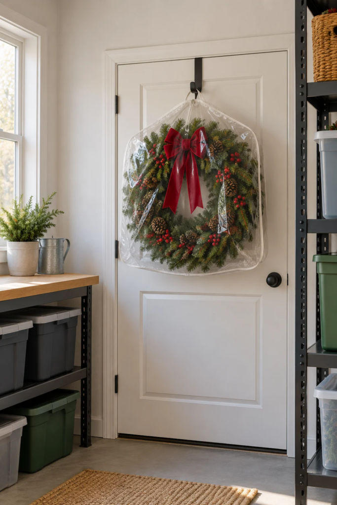 A Christmas wreath hangs from a sturdy hook on a door.