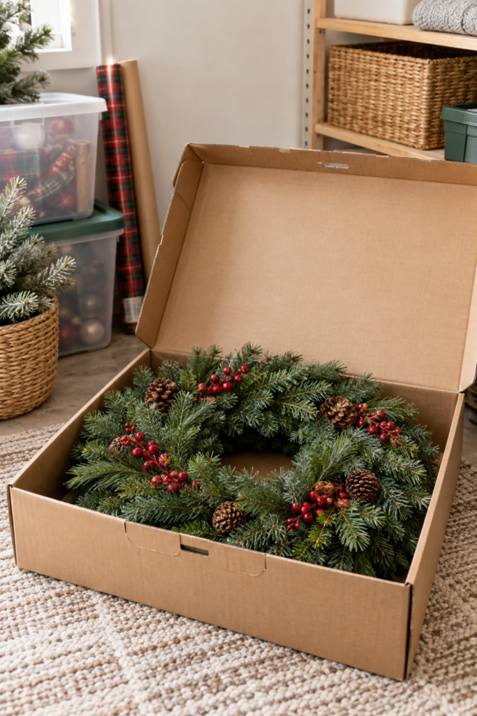 An evergreen Christmas wreath rests in an open cardboard storage box.