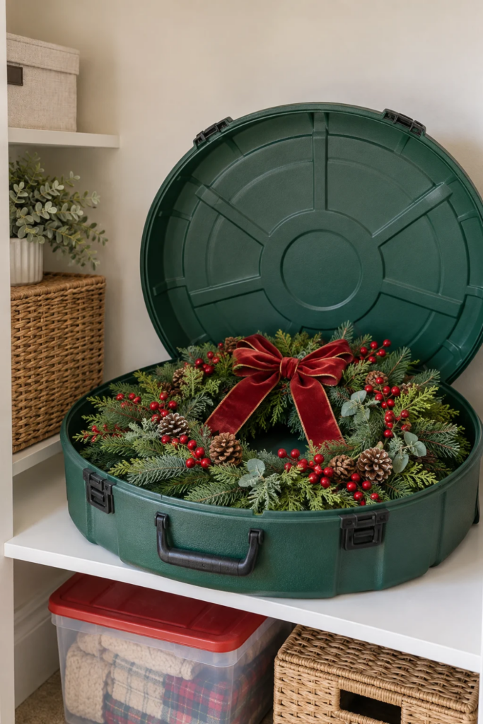 An evergreen Christmas wreath sits inside an open hard-shell storage container.