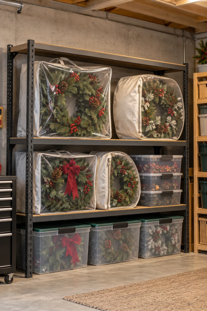 A Christmas wreath stored in a protective bag on a shelf in an organized garage.