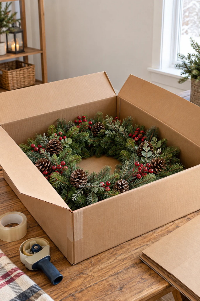 An evergreen Christmas wreath rests inside a sturdy cardboard storage box on a worktable.