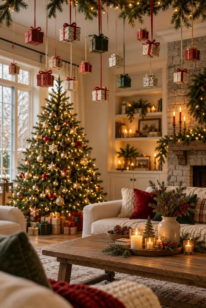 Small red, green, and patterned paper Christmas gift boxes hanging from the ceiling in a festive living room.