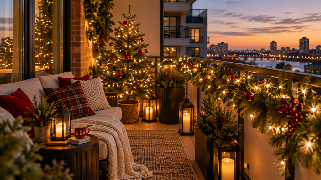 A balcony decorated with Christmas lights, greenery, ornaments, lanterns, and a small tree.