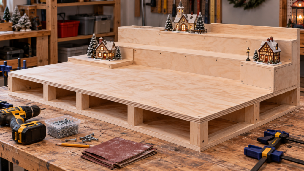DIY Christmas village platform under construction with plywood support framing, raised wooden tiers, and miniature houses.
