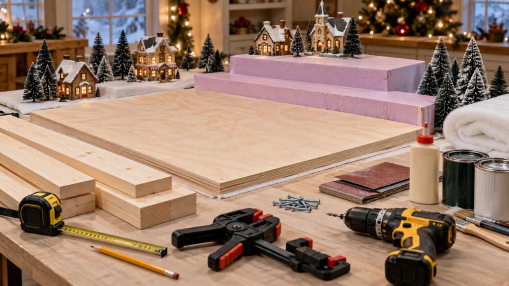 Plywood, foam risers, basic tools, and miniature houses arranged on a workbench for a DIY Christmas village display.