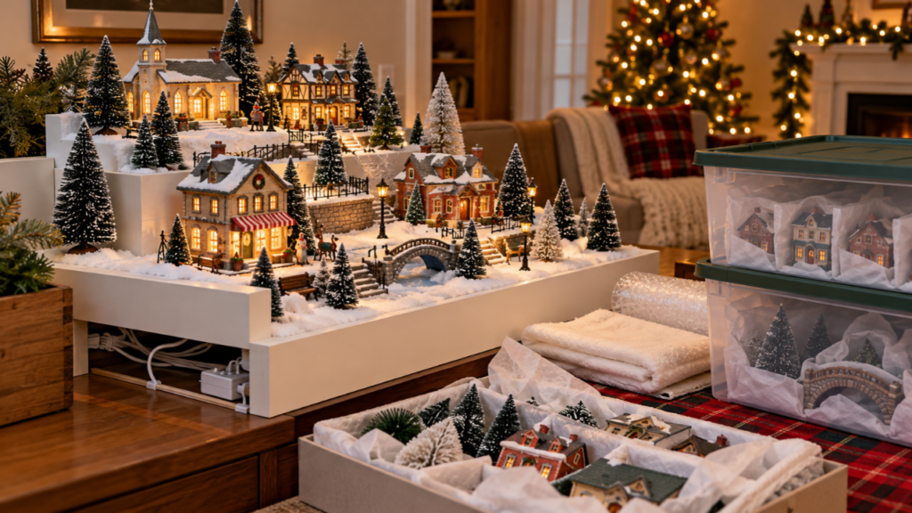 Lighted Christmas village display with snowy houses, cord routing beneath the platform, and storage bins for holiday decorations.