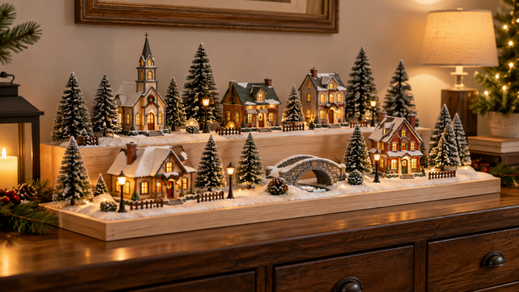 Finished DIY Christmas village display on a reusable tiered wooden platform with glowing miniature houses and snowy evergreen trees.