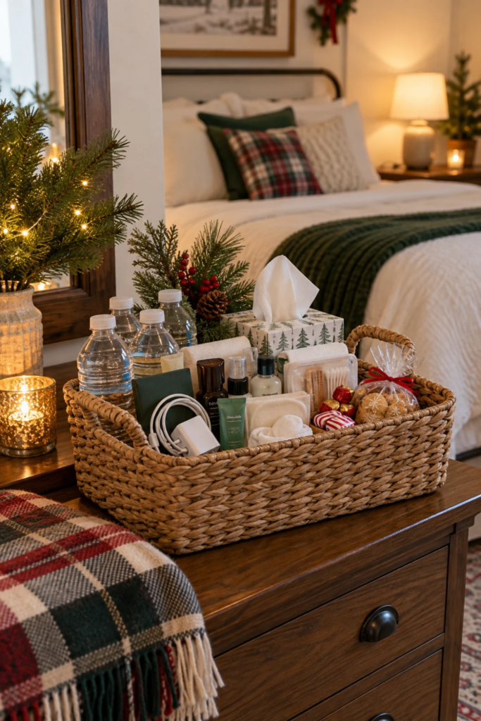 A small basket of guest essentials sits beside a neatly made bed with subtle Christmas decorations.