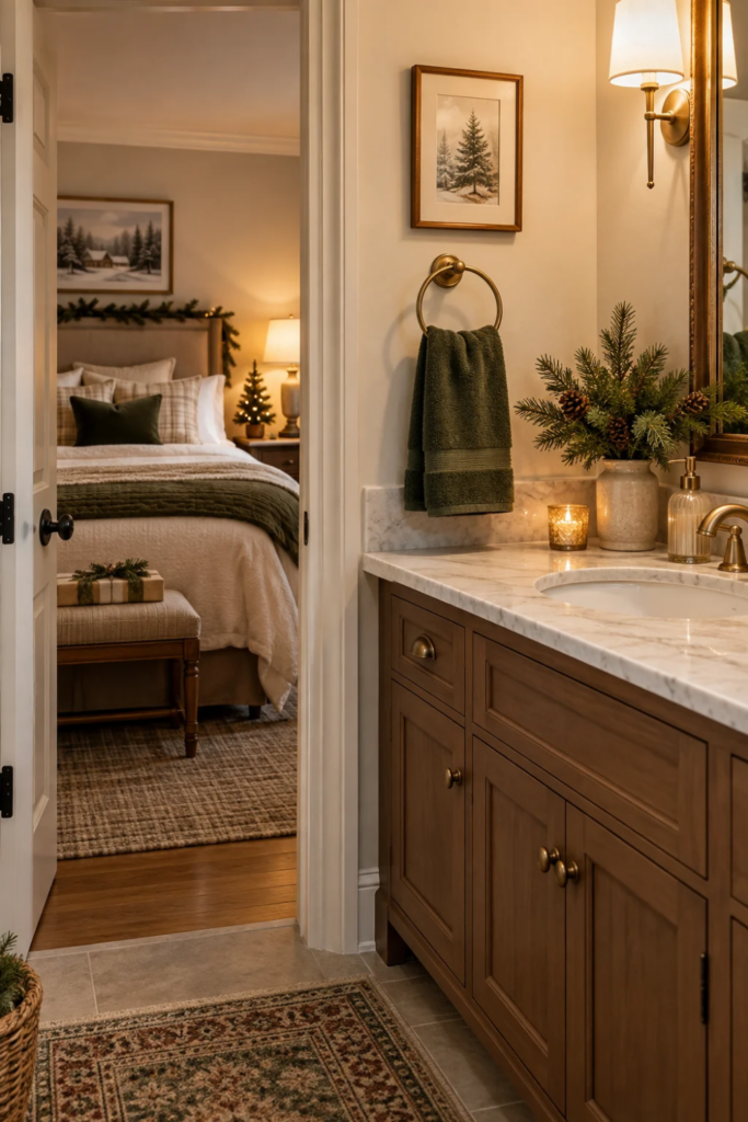 A green towel with pine greenery in a guest bathroom beside a decorated guest bedroom.