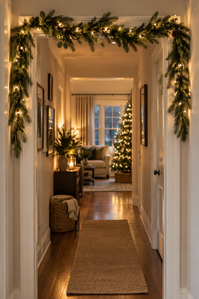 An evergreen garland decorates an interior doorway in a hallway.