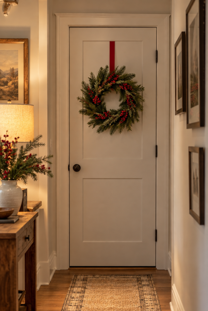 A small evergreen wreath hangs on a hallway door.