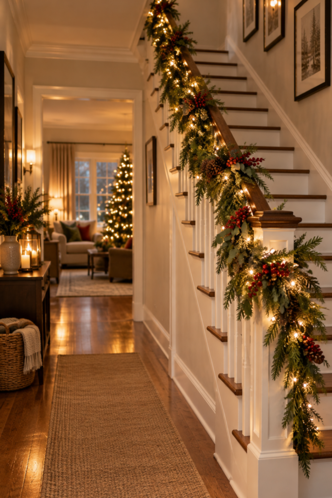 Evergreen garland decorates the outside of a staircase railing in a hallway.