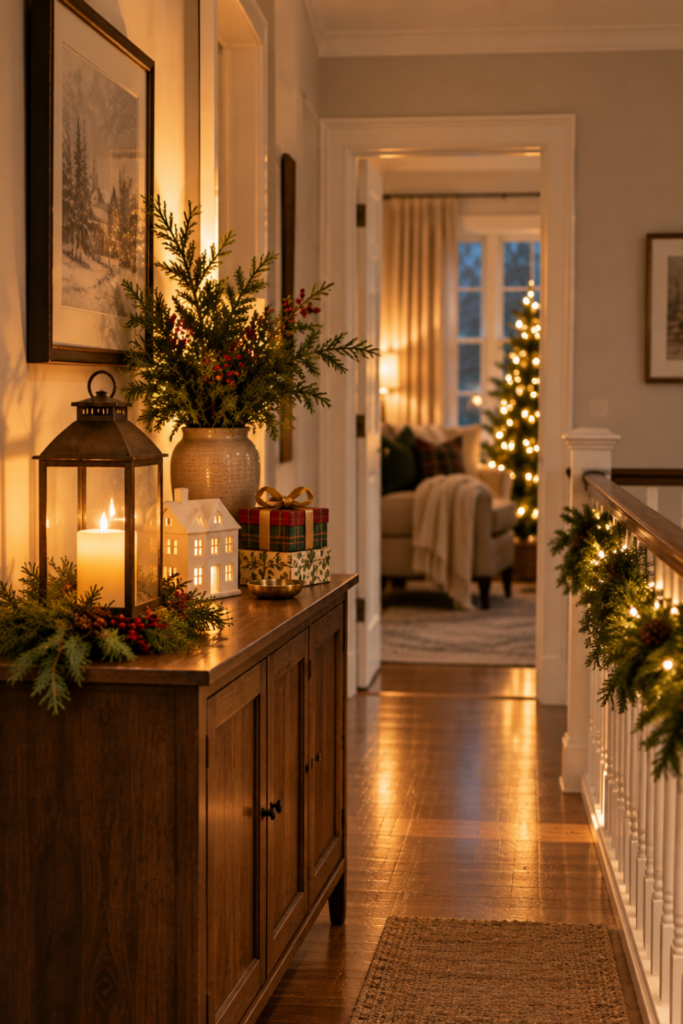 A small Christmas display sits on a cabinet in a hallway.