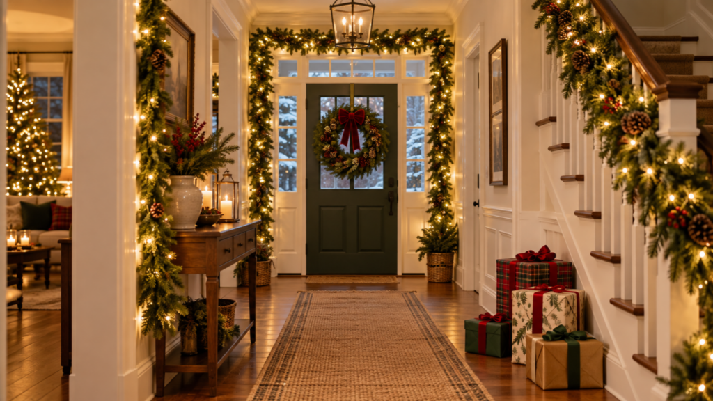 A hallway decorated with Christmas garland, lights, a wreath, and wrapped gifts.