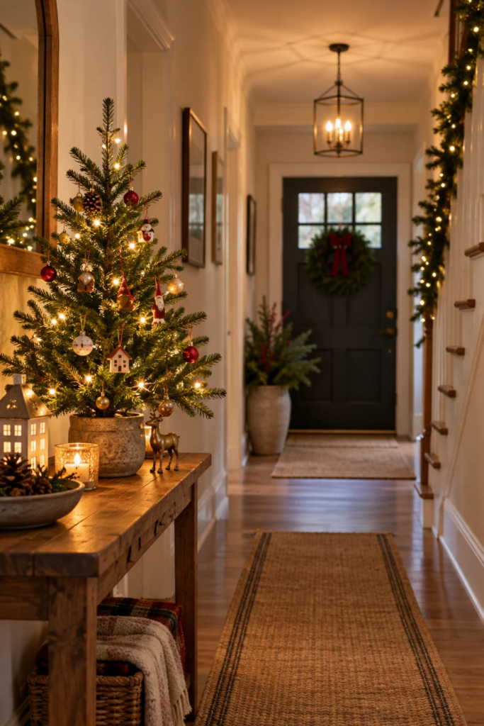 Warm string lights decorate a fixture in a hallway.