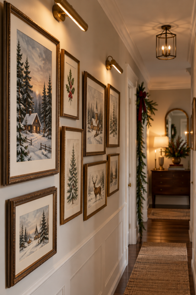 A person replaces a picture in a hallway frame with festive holiday artwork.