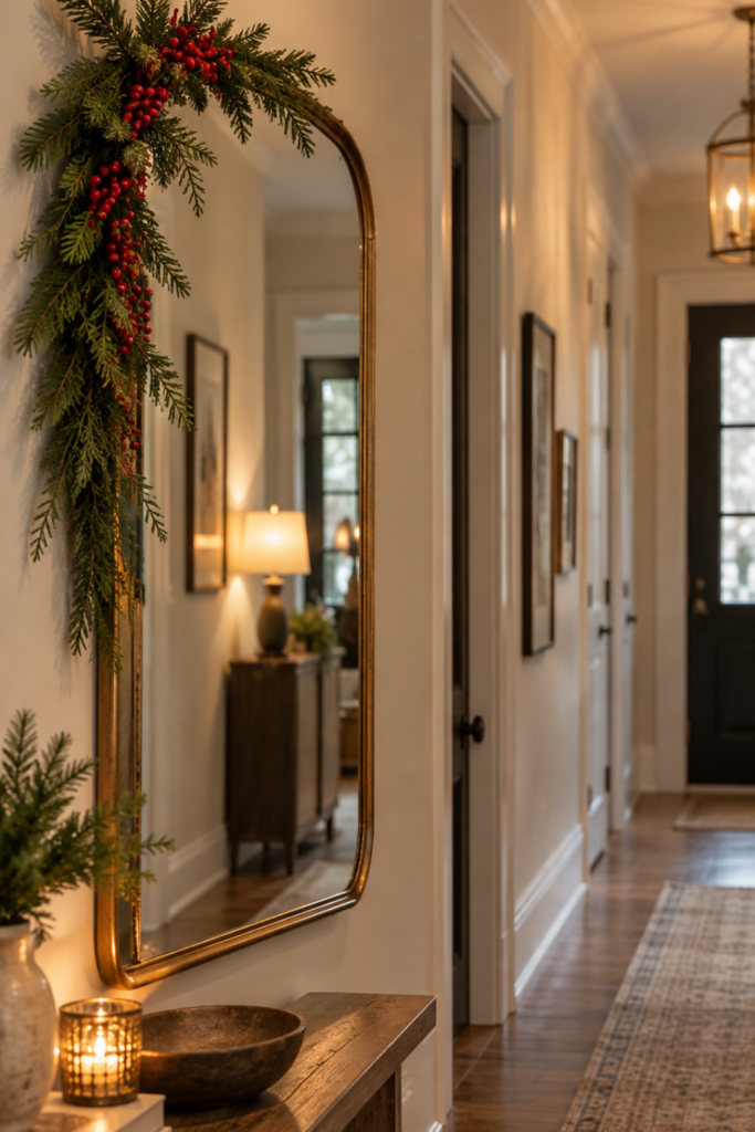 A hallway mirror decorated with a small sprig of greenery.