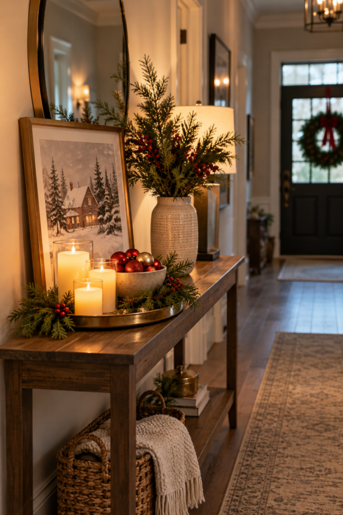 A console table in a hallway decorated with a festive tray, candles, greenery, and Christmas accents.