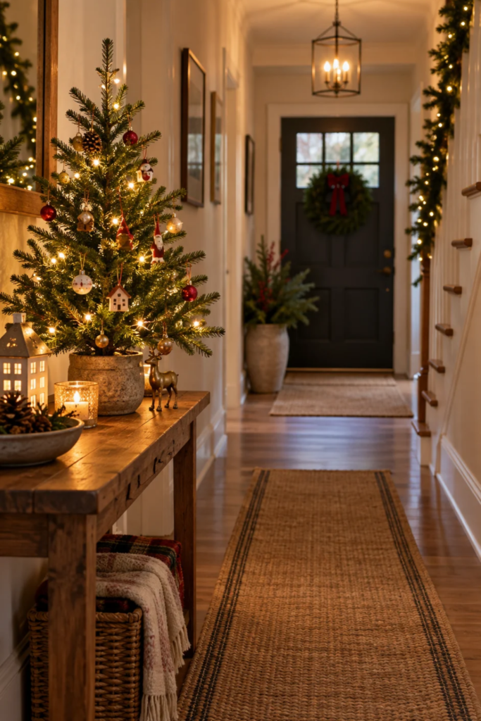 A small decorated Christmas tree sits on a sturdy table in a hallway.
