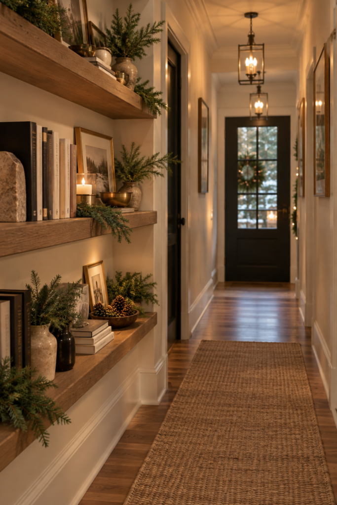 Small evergreen sprigs decorate a shelf in a hallway.