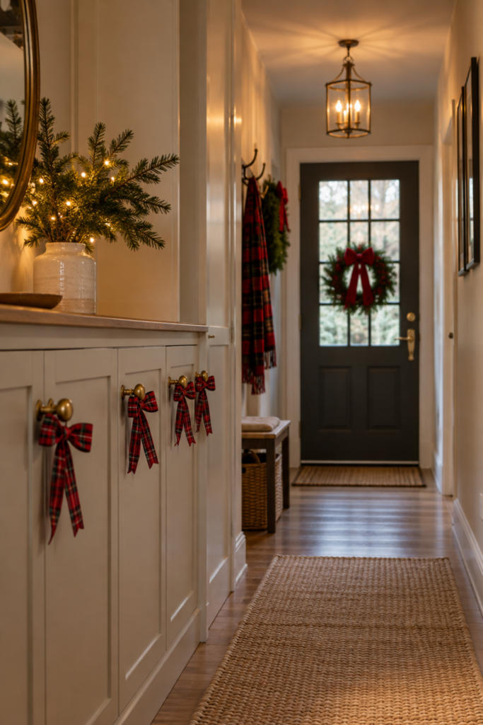 Festive ribbons tied around cabinet knobs and a hallway wall hook.