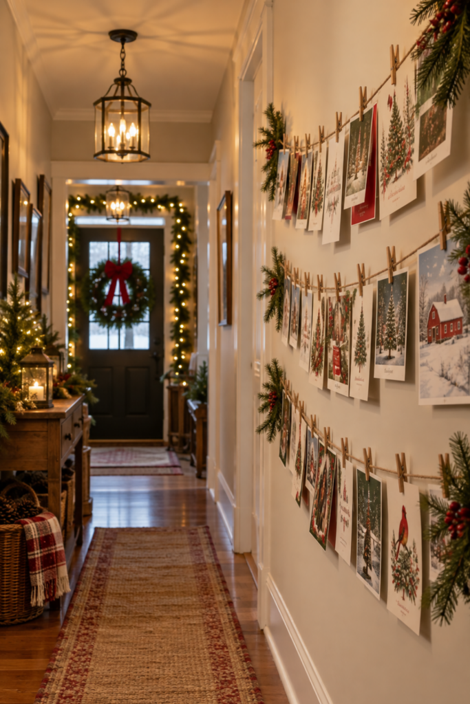 Christmas cards arranged on a hallway wall.