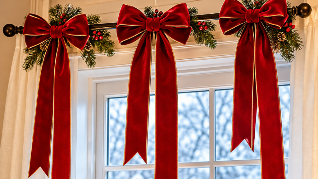 Red Christmas ribbon bows decorating an indoor window for the holidays