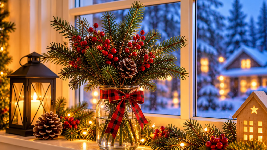 Evergreen Christmas clippings with red berries and pinecones arranged in a glass jar with plaid ribbon on an indoor windowsill.