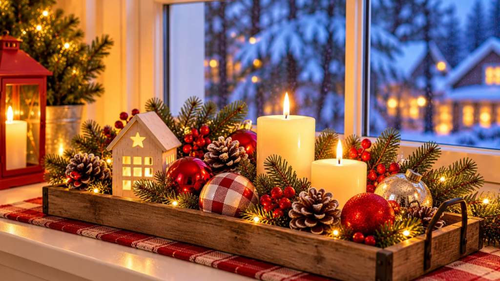 Rustic wooden Christmas windowsill tray decorated with reused ornaments, evergreen branches, pinecones, and warm holiday lights.