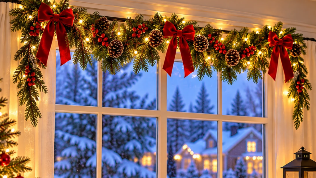 Lightweight evergreen Christmas garland with red ribbon bows and warm LED lights decorating the top of an indoor window.