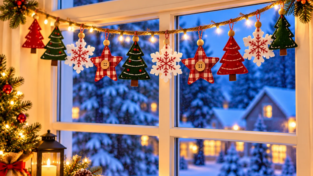 Handmade Christmas window garland with felt trees, snowflakes, and plaid stars hanging from twine.