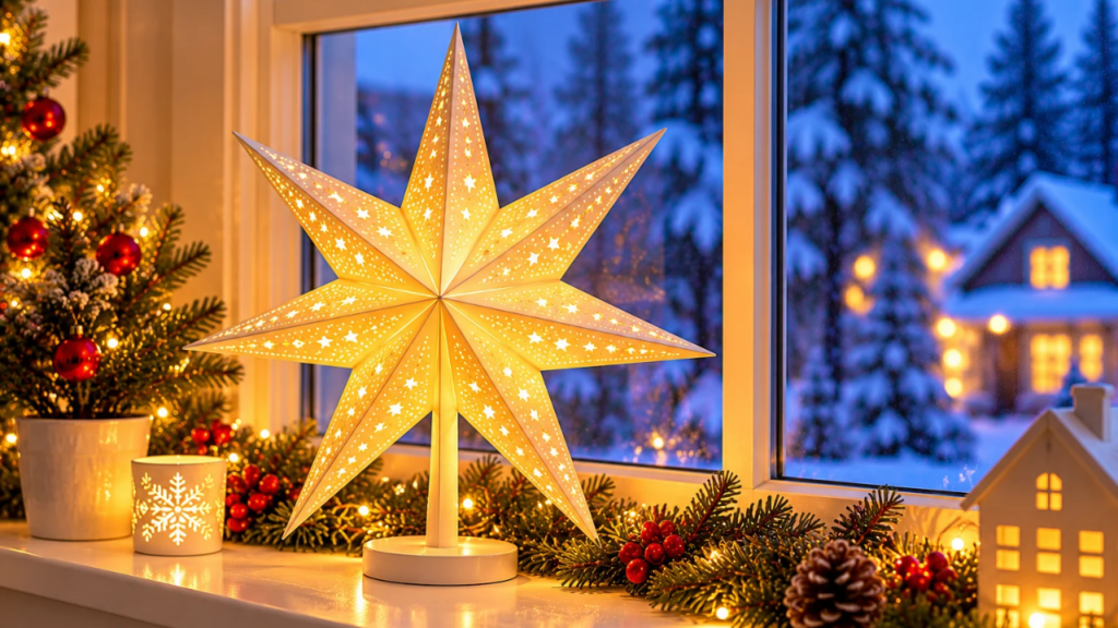 Freestanding illuminated Christmas star on an indoor windowsill with evergreen greenery and warm holiday lights.