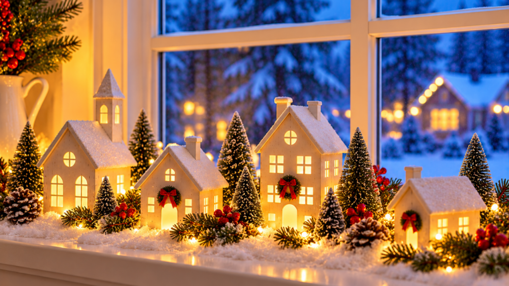 Miniature Christmas village with glowing houses, small evergreen trees, and warm holiday lights on an indoor windowsill.