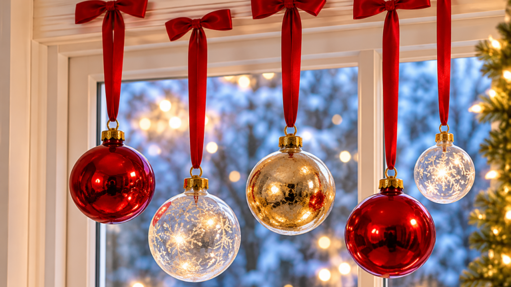 Red, gold, and clear Christmas ornaments hanging from ribbons inside a decorated window.