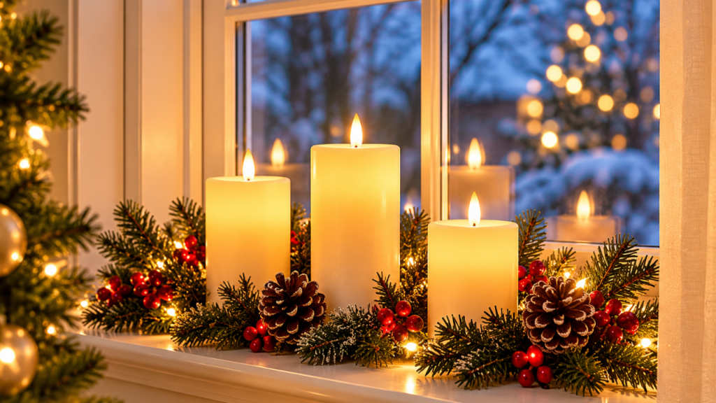 Three warm white flameless LED Christmas candles with evergreen greenery and pinecones on an indoor windowsill.