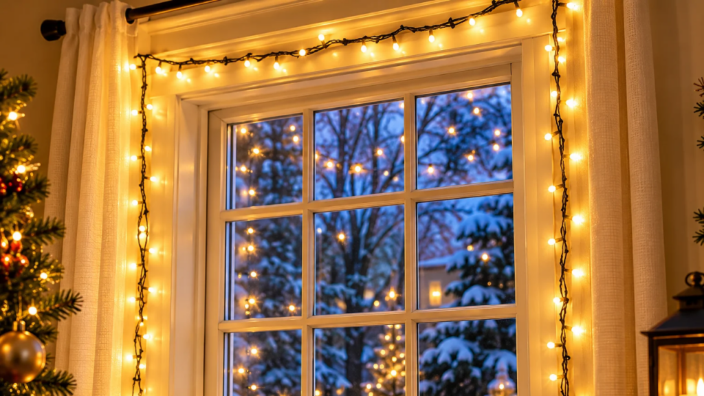Warm white Christmas fairy lights decorating an indoor living room window with a snowy winter view.