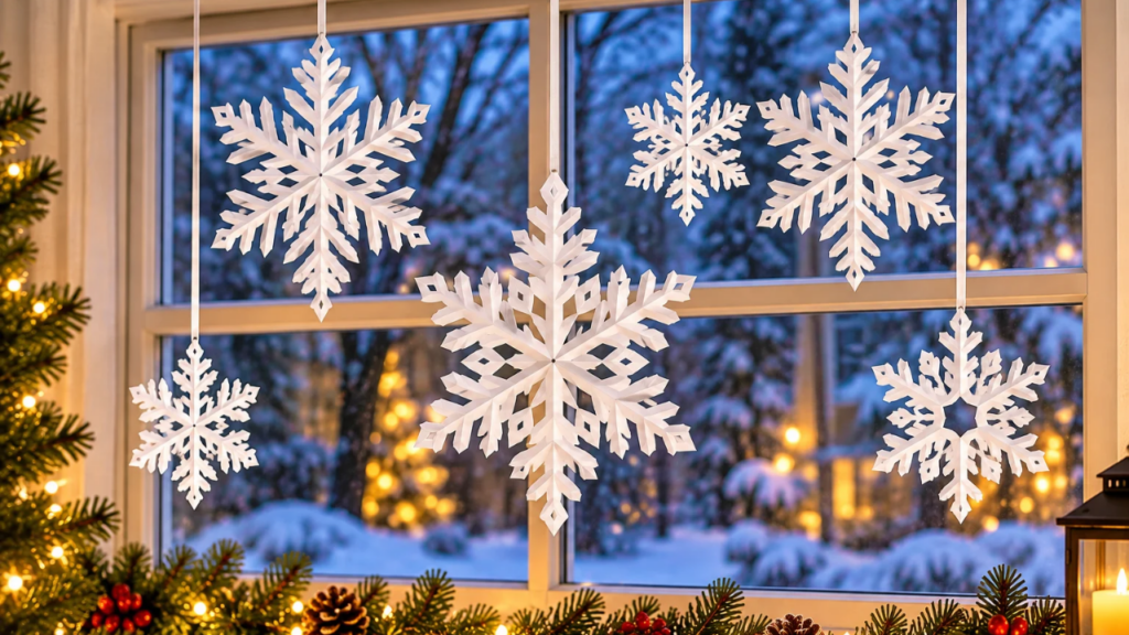 White DIY paper Christmas snowflakes hanging at different heights inside a cozy living room window.