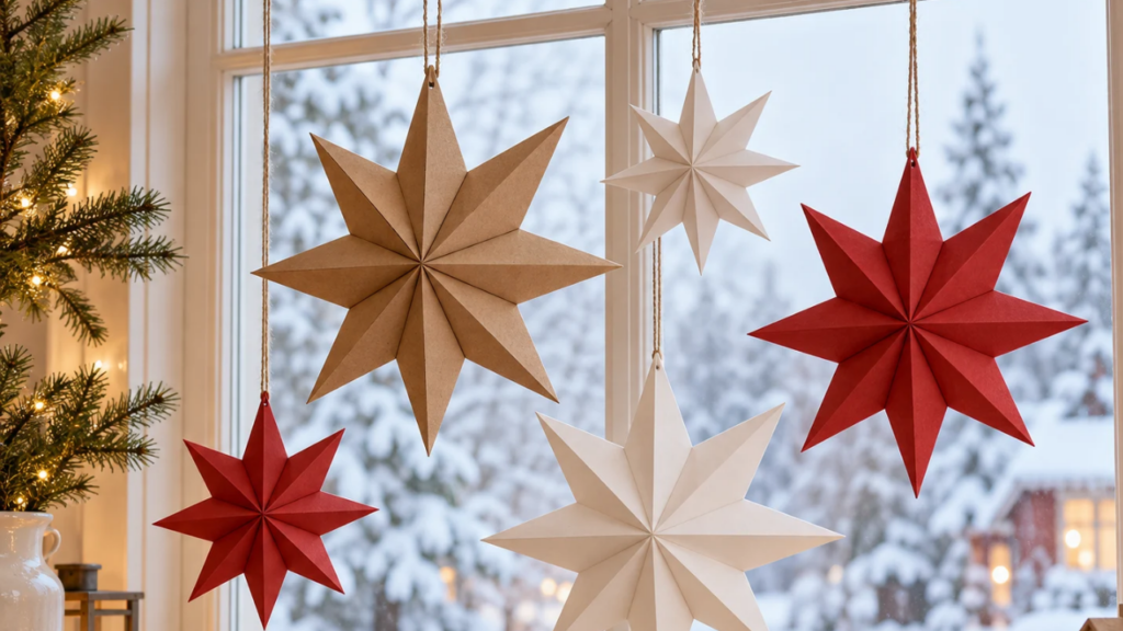 Red and white hanging paper Christmas stars decorating an indoor window with warm holiday lights.