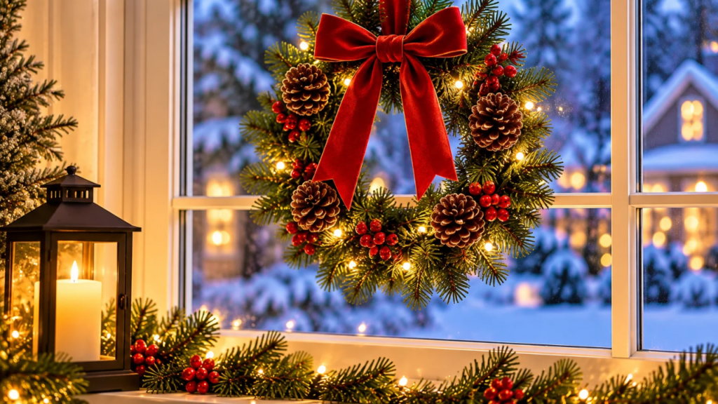 Small evergreen Christmas wreath with a red velvet bow and warm LED lights hanging inside a window.