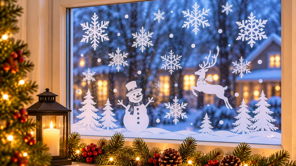 Removable Christmas window clings featuring snowflakes, a snowman, reindeer, and Christmas trees on indoor window glass.