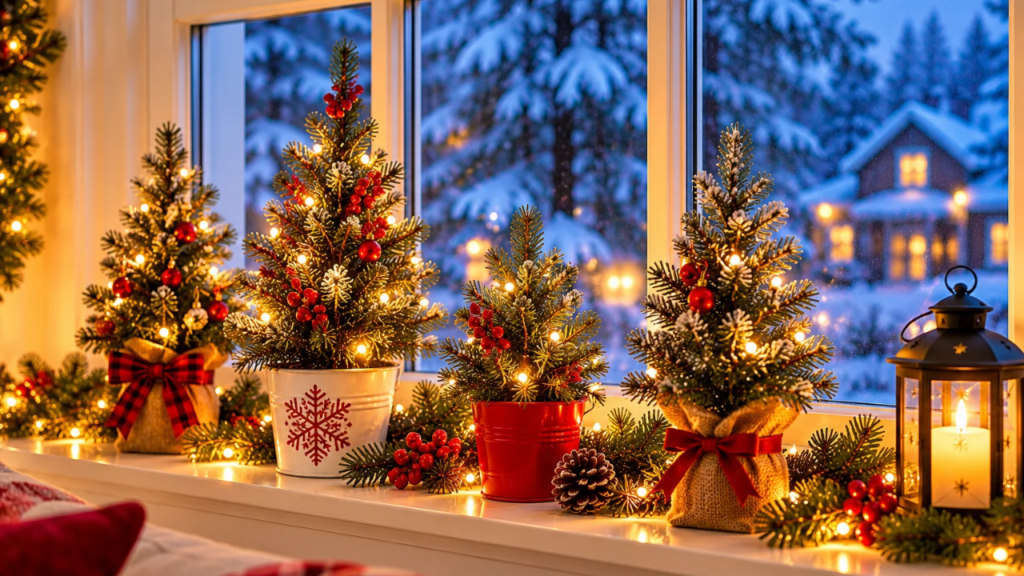 Mini Christmas trees in festive pots decorated with red ornaments and warm LED lights on an indoor windowsill.