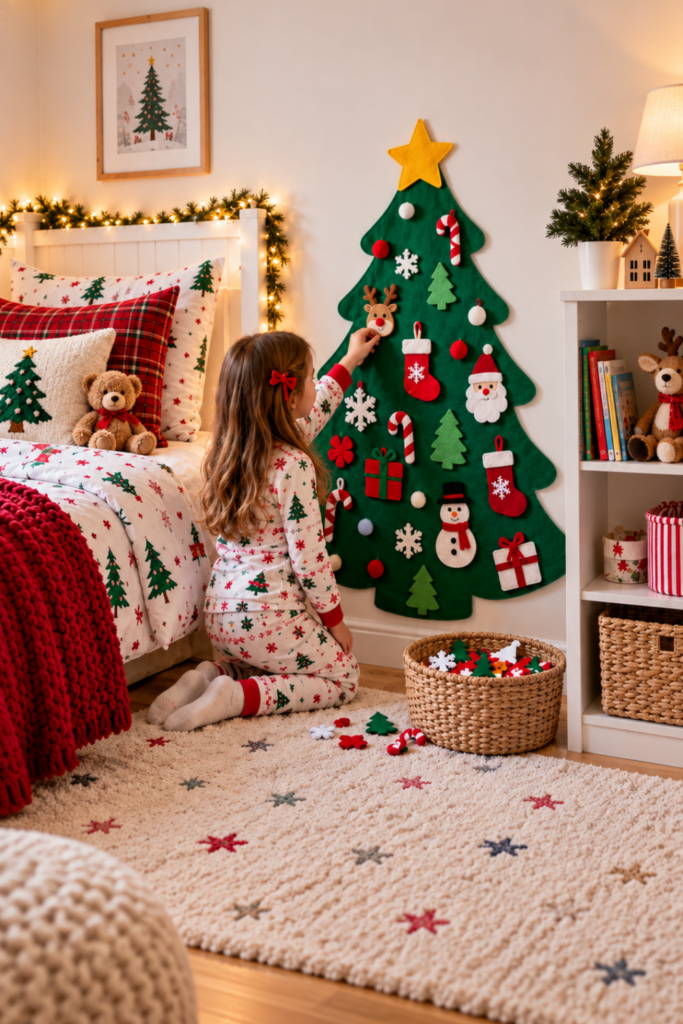 Young girl decorating a green felt Christmas tree on her bedroom wall with colorful holiday ornaments.
