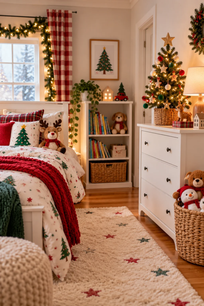 Small decorated Christmas tree on a white dresser in a cozy kids bedroom with festive bedding.