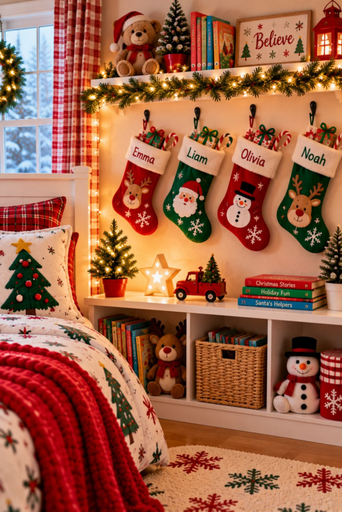 Personalized red and green Christmas stockings hanging above a kids bedroom bookshelf with holiday decorations.