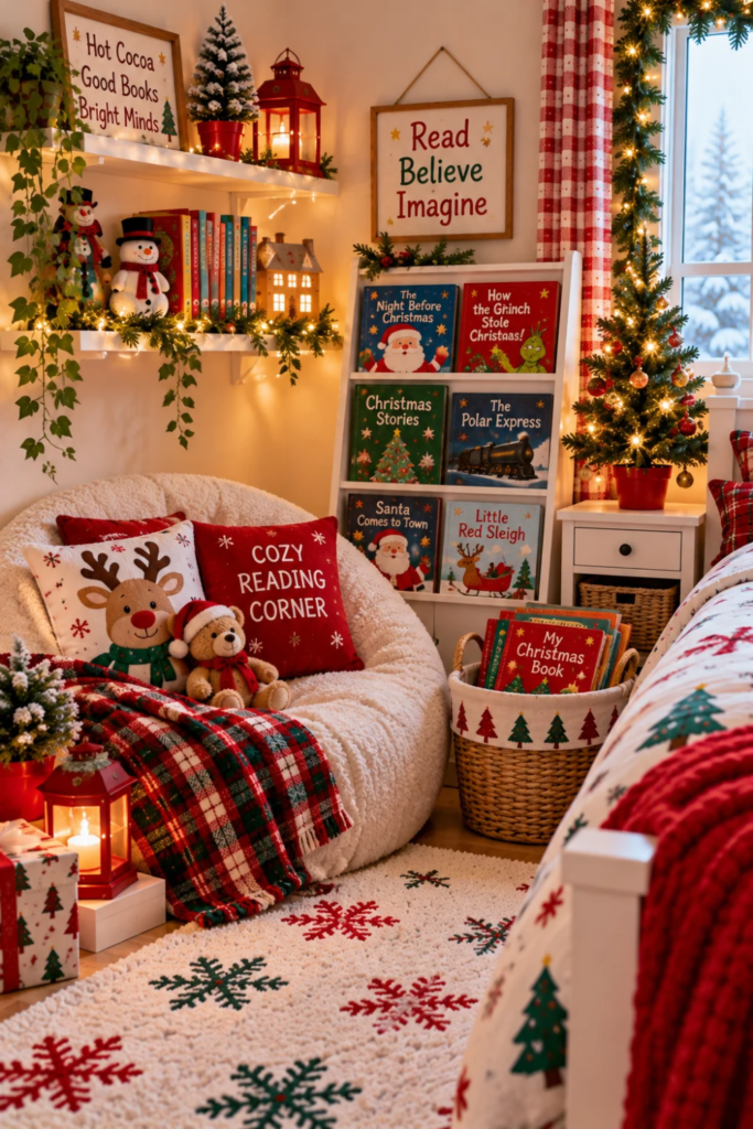 Cozy kids Christmas reading corner with a soft chair, holiday books, festive pillows, and a decorated tree.